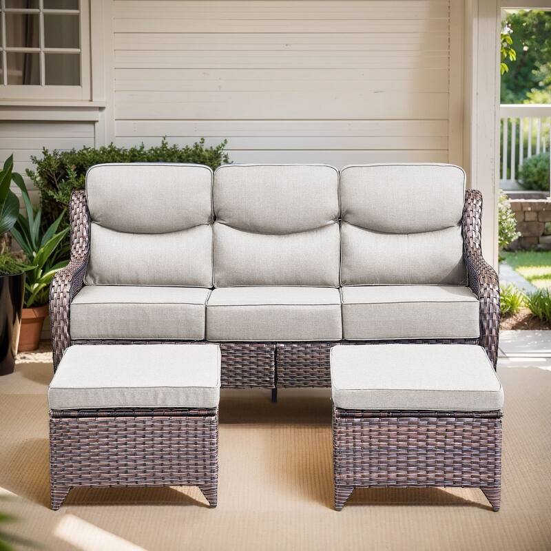 Arcadia 3-Seat Wicker Patio Sofa with 6-Inch Thick Cushions and 2 Ottomans