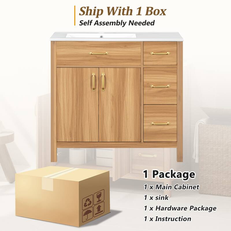 36" Wood Bathroom Vanity,2 Soft Close Doors,3 Soft Close Drawers, Adjustable Shelf, Modern Storage Cabinet