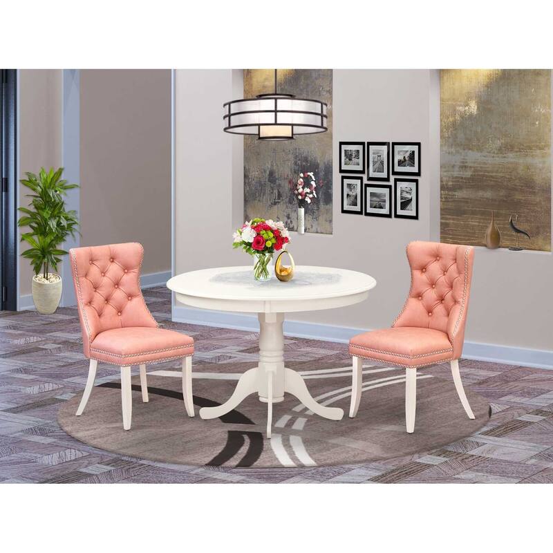 3-Piece Linen White Finish Solid Wood Top-Round Upholstered Dining Room Set-Seats 4
