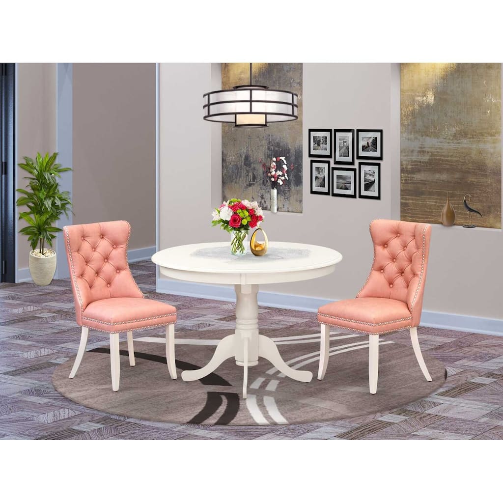 3-Piece Linen White Finish Solid Wood Top-Round Upholstered Dining Room Set-Seats 4