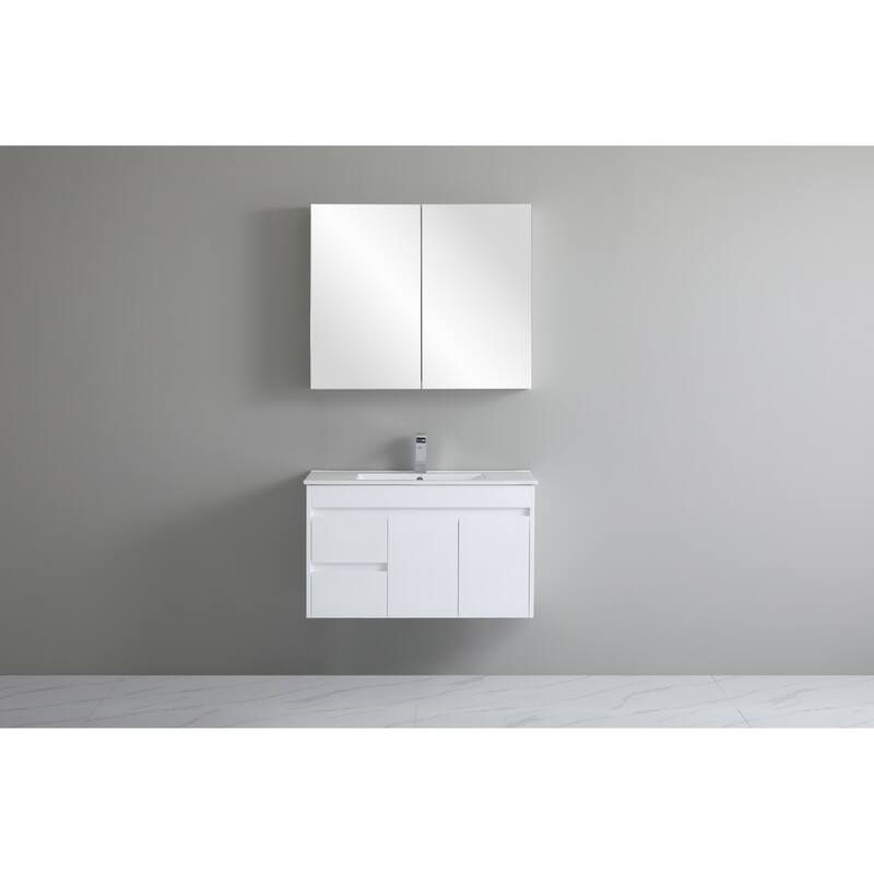 CB HOME 24"/30"/36"/48"/60" Pure White Bathroom Vanity, Floating Wall Mounted Cabinet w/ Integral Ceramic Sink Basin Countertop