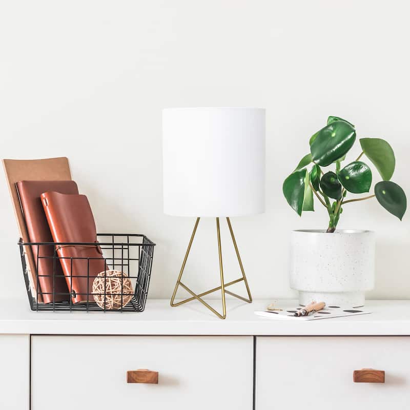 14" Minimalist Three-Legged Wire Table Lamp with Drum Shade and Fabric and Metal Perfect for Living Room - 7”L x 7”W x 14”H