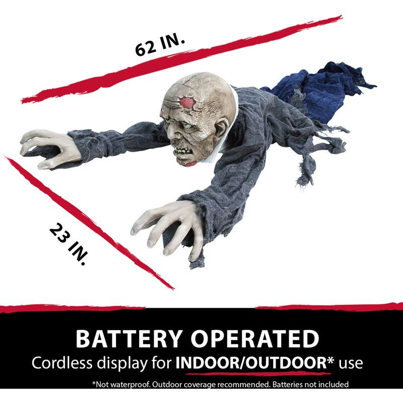 Haunted Hill Farm 62 In. Animatronic Zombie, Indoor/Outdoor Halloween Decoration, Flashing Red Eyes, Poseable, Battery
