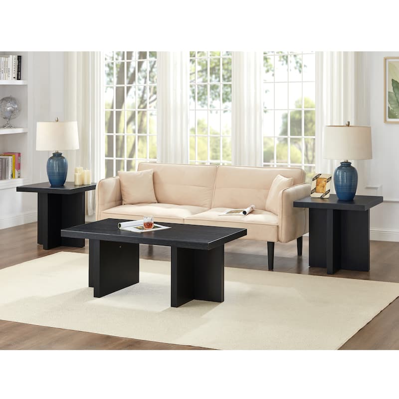 Roundhill Furniture Mchome 3-Piece Coffee Table Set, Coffee Table and Two End Tables - Black Finish
