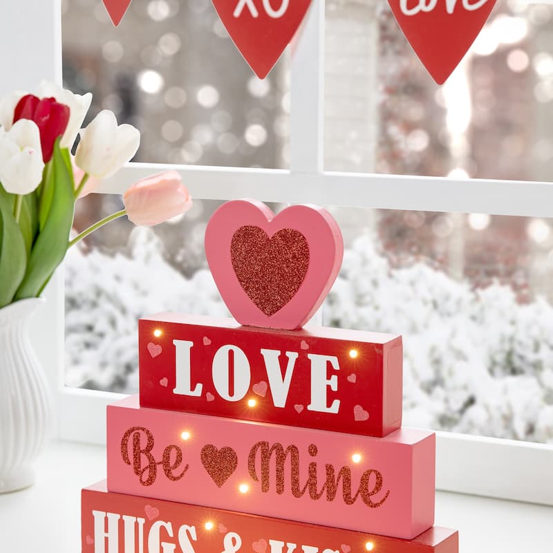 Glitzhome Valentines LED Wooden Block Love Table Decor