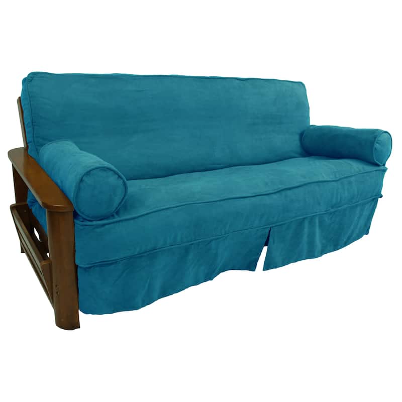 Microsuede Full-Size 8-10 Inch Thick Futon Slip Cover Set with Two Bolster Pillows - Full - Aqua Blue