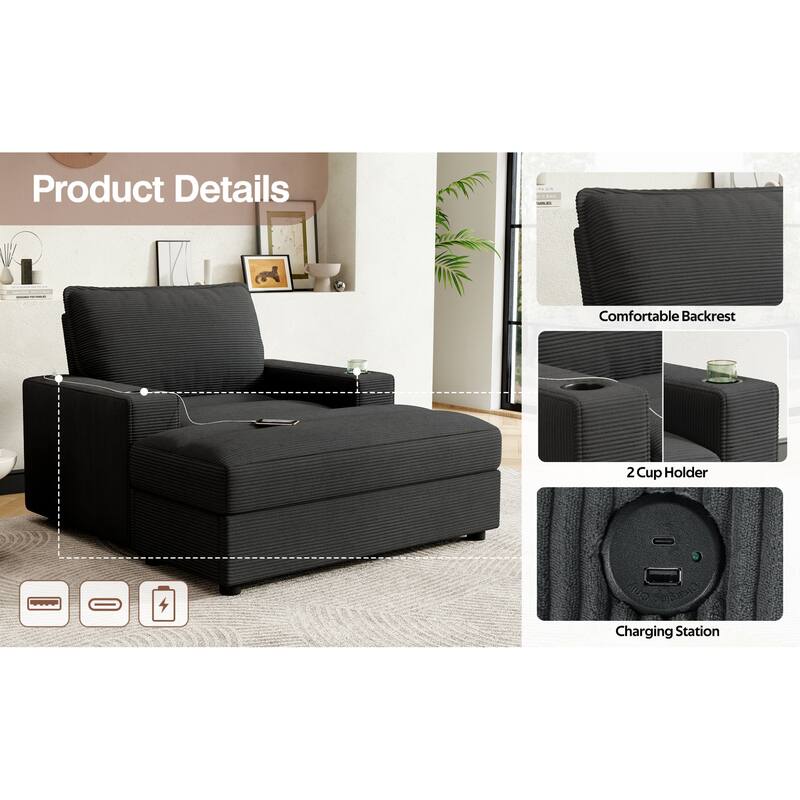 Roomfitters Oversized Chaise Lounge Chair with Storage Ottoman and Built-in USB Charging Port, Corduroy Sleeper Couch