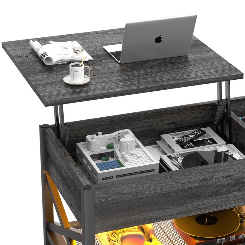 Modern Farmhouse Lift Top Coffee Table with USB Port and LED light, Living Room Accent Table