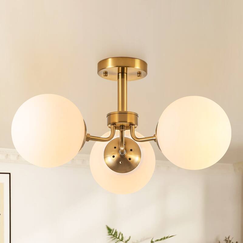 23.2" W 3-Light Bohemian Farmhouse Gold/White Sputnik Frosted Opal Bubble Glass Semi-Flush Mount Ceiling Light - Gold/White - 22 in. W x 7.1 in. H x 22 in. D