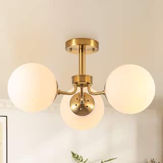23.2" W 3-Light Bohemian Farmhouse Gold/White Sputnik Frosted Opal Bubble Glass Semi-Flush Mount Ceiling Light