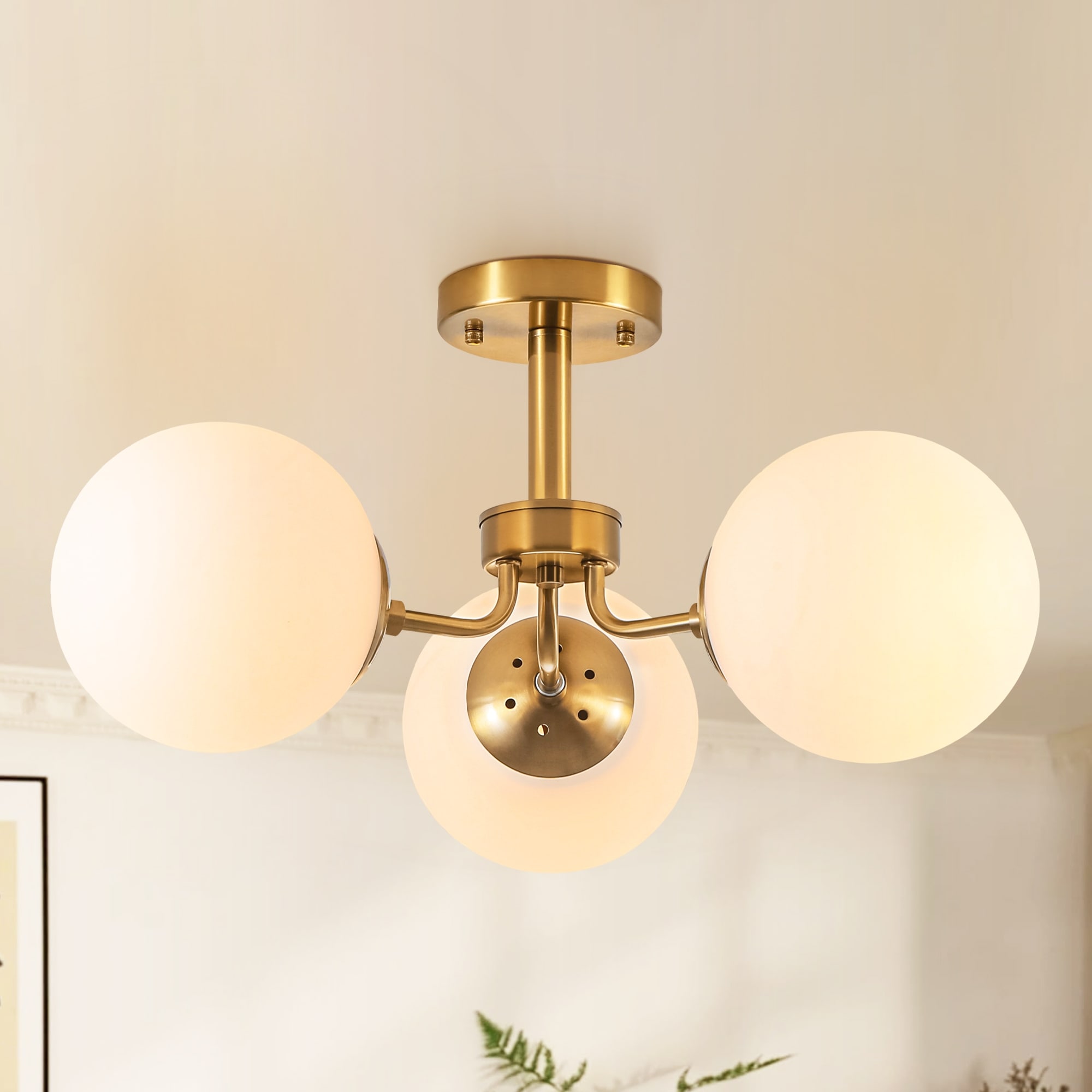 23.2" Bohemian Farmhouse Gold Sputnik 3-Light Semi-Flush Mount Light with Frosted Opal Glass Globe for Living Room & Bedroom