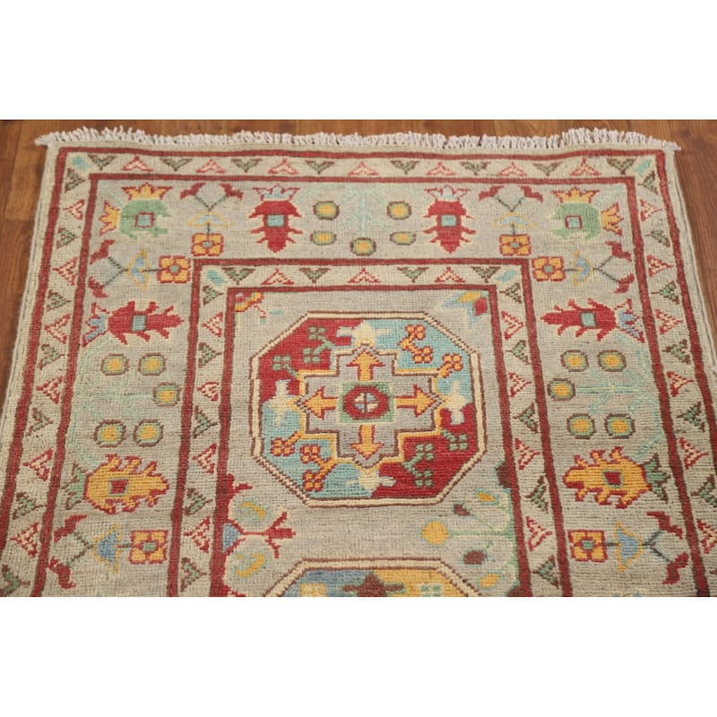 Hand Knotted Oriental 100% Wool Carpet Traditional Geometric Multi-Colored Kazak Runner Rug - 19' 10'' X 2' 6''