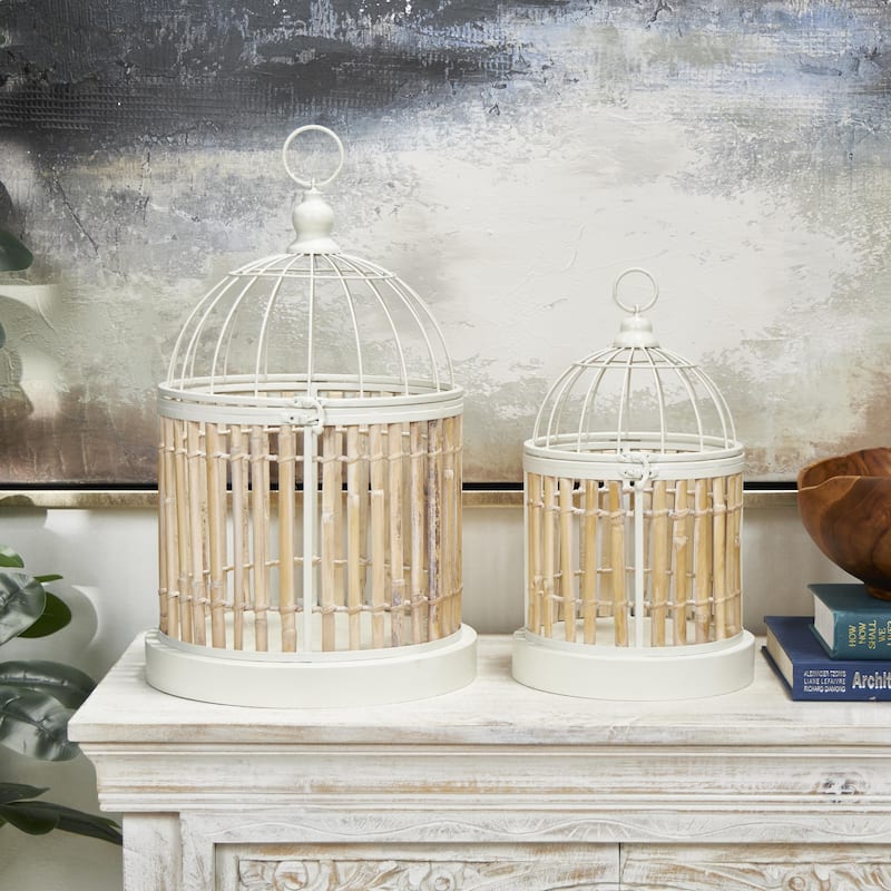 Bamboo Wood Handmade Birdcage with White Metal Accents - Set of 2 Brown - Roche River Decor