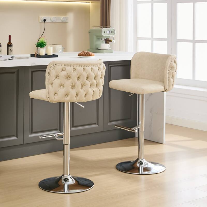 Set of 2 Modern Leather Upholstered Swivel Adjustable Height Tufted Bar Stools with Back