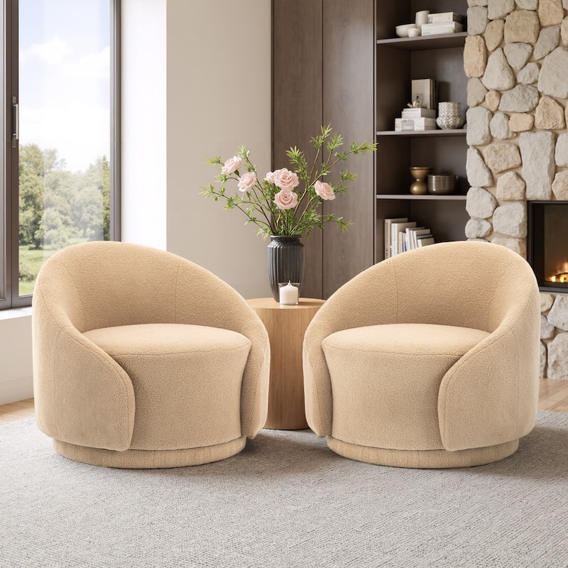 35" Wide Upholstered Swivel Accent Barrel Chairs (Set of 2) - Boucle - Light Brown