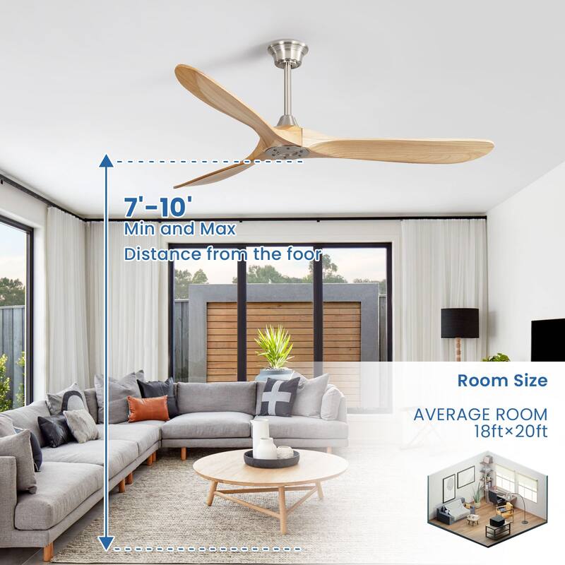 52''/60" Large Ceiling Fan without Lights, Remote Control and Reversible Motor Included, 3 Wood Blades