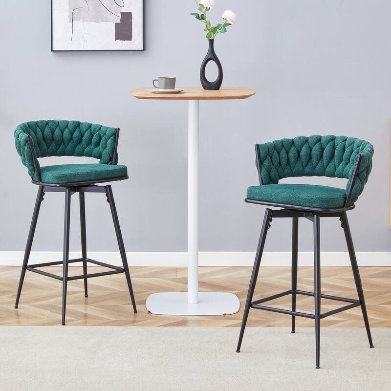 Set of 2 Swivel Bar Stools with Retro Green Linen Cushions & Black Iron Frame for Restaurants & Bars