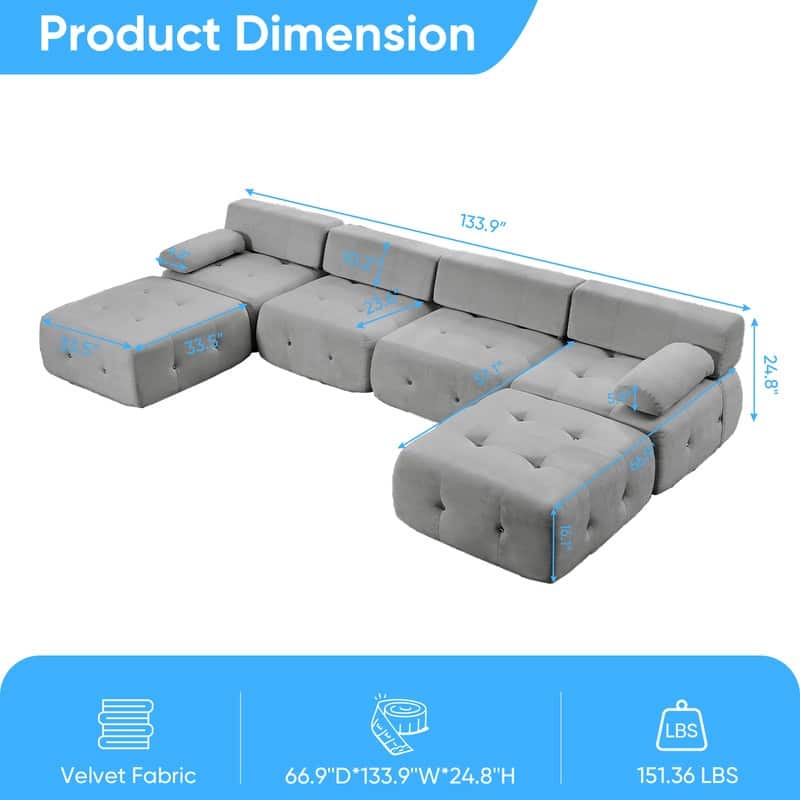 Mixoy Modular 134inch Modular Sectional Sofa with 2 Ottoman,Velvet U-Shaped Couch for Living Room - 133.9"w x 66.9"D x 24.8"H