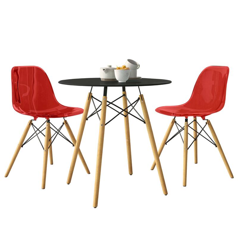 3-Piece Dining Set with 31-Inch Round Solid Wood Table and 2 Dining Chairs with Beech Wood Legs - Red