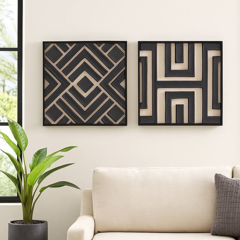 Decorative Geometric Canvas Wall Decor - Set of 2, 20", Black & Cream