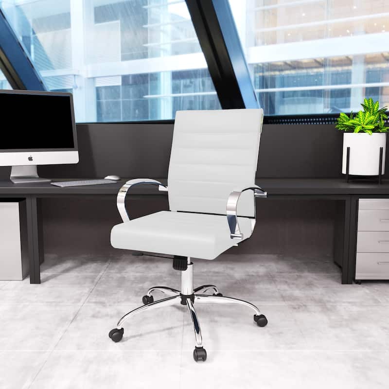 Benmar Leather Ribbed Office Chair with Chrome Frame, Adjustable Height, Tilt Lock, 360° Swivel, and Smooth Rolling Casters