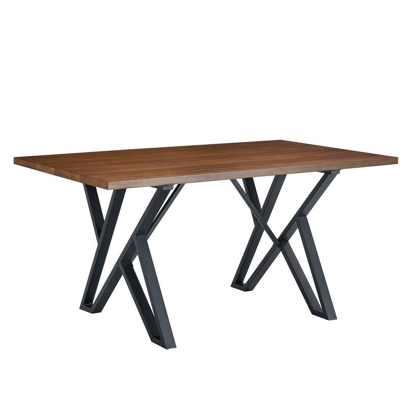 Roomfitters Industrial Rectangular Dining Table with Metal Trestle Base, Walnut Wood Finish