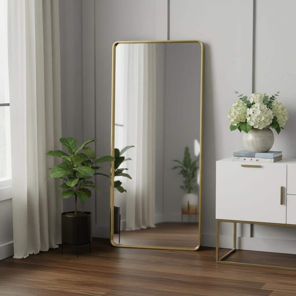 HomeRoots Gold Aluminum Leaning Framed Full Length Mirror - 31.50 in. x 70.87 in. x 1.97 in.