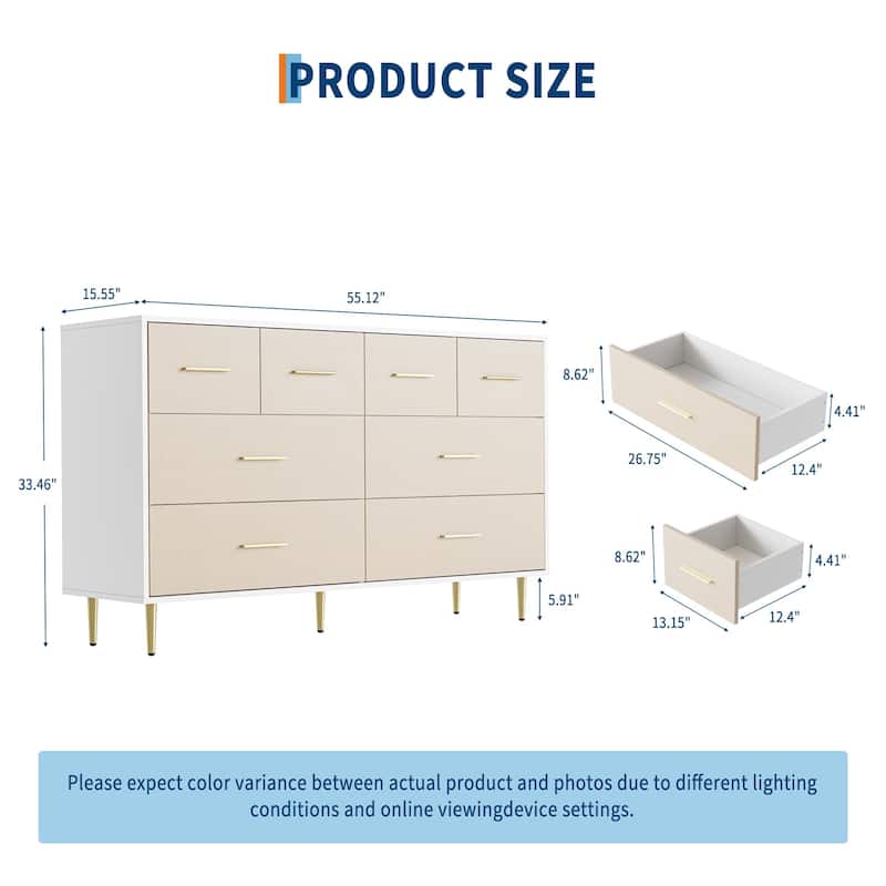 3/5/6/7/8 Drawer Dresser for Bedroom, Modern Wooden Chest of Drawers with Gold Handles