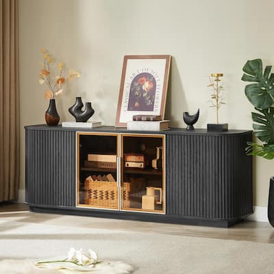 64-Inch Wavy TV Cabinet, Round Sideboard, Wooden Vertical Stripe Storage Cabinet