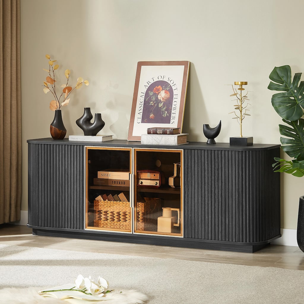64-Inch Wavy TV Cabinet, Round Sideboard, Wooden Vertical Stripe Storage Cabinet