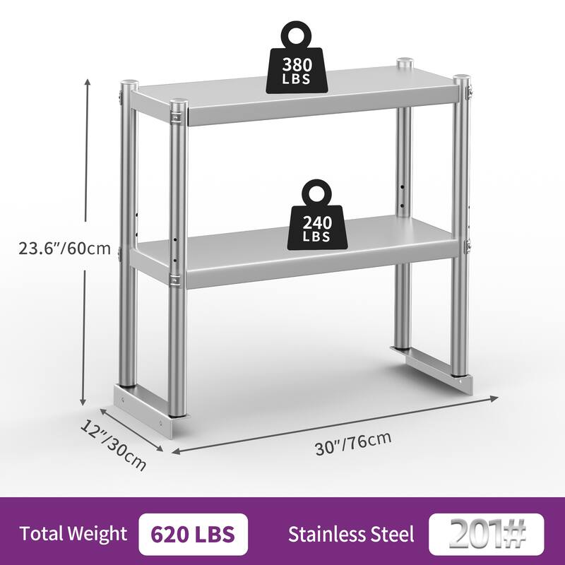 Stainless Steel Overshelf, 2 Tier Overshelf with Hook, Adjustable Double Overshelf for Kitchen Prep Table