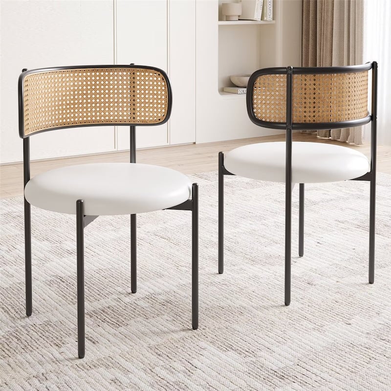 PU Leather Upholstered Seat Dining Chairs with Woven Rattan Back (Set of 4)
