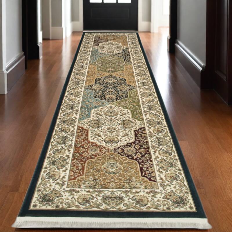 HomeRootsOriental Traditional Rectangle Area Rug - 120.08' X '26.77' X '0.16 - Tan/Navy Blue/Ivory