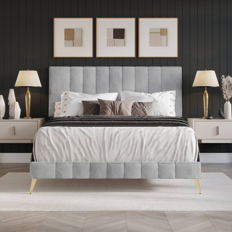 CraftPorch Modern Velvet Tufted Upholstered Gold Accent Platform Bed