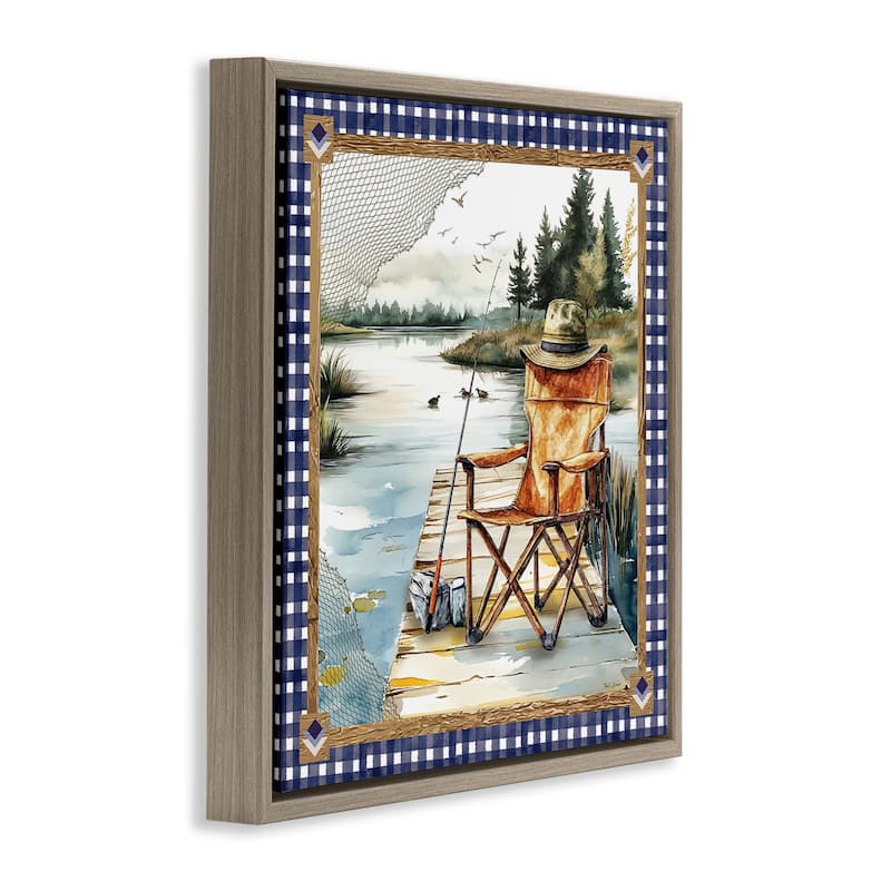 Stupell Fishing Chair on Dock Framed Floater Canvas Wall Art Design By Nicole DeCamp