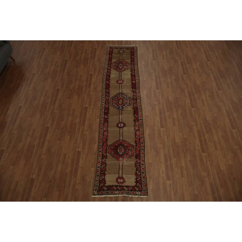 Hand Knotted Oriental 100% Wool Carpet Traditional Geometric Beige & Ivories Sarab Runner Rug - 12' 6'' X 2' 9''