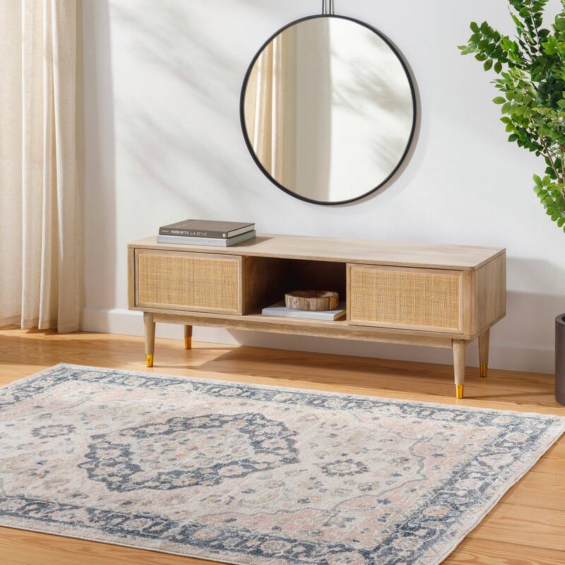 Livabliss Santana Traditional Machine Washable Area Rug - 2'7" x 7'3" - Blue/Blush