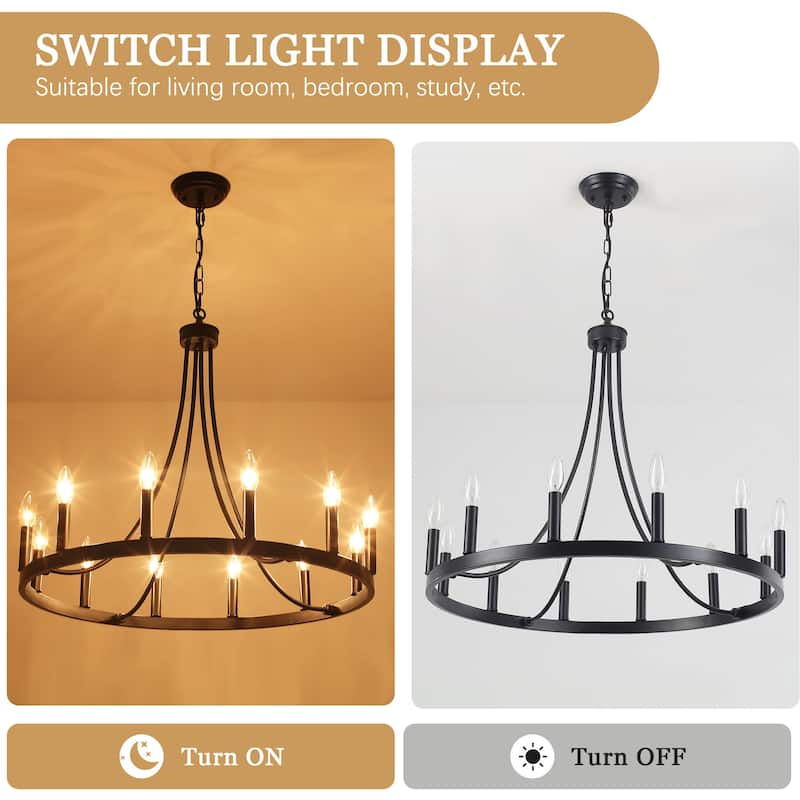 12-light Rustic Farmhouse Wagon Wheel Chandelier Candle Dining Room Lighting - N/A