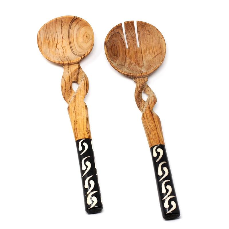 Handmade Olive Wood Serving Utensils with Natural Batik Bone Handles (Kenya)