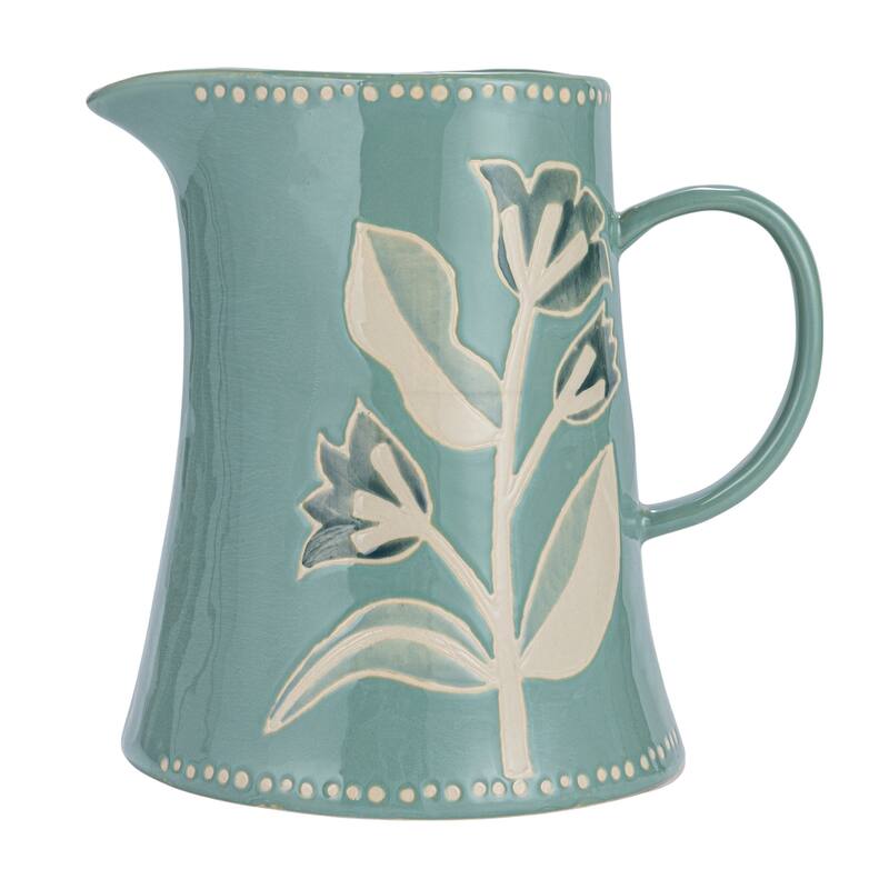 Hand-Painted Stoneware Pitcher with Wax Relief Pattern - 8.0"L x 6.5"W x 8.0"H - 8.0"L x 6.5"W x 8.0"H