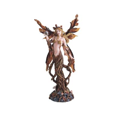 Q-Max 13"H Tree Fairy Holding Glass Ball with Orange Wings Statue Fantasy Decoration Figurine