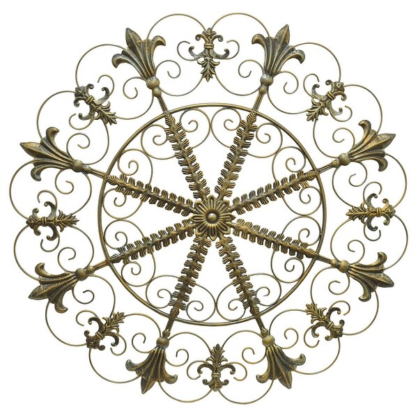 Plutus Brands Round Scroll Wall Decor With Fleur Di Lis in Gold Metal