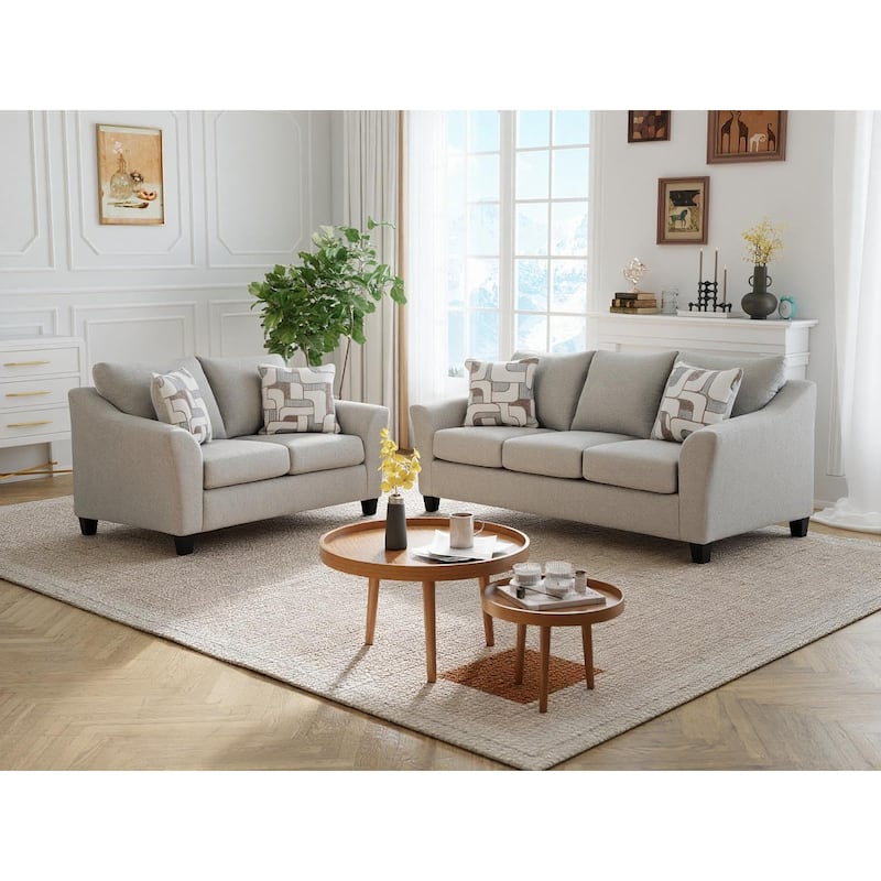 Roundhill Furniture Elaris 2-Piece Living Room Set - Flared Arm Sofa and Loveseat with Chenille Upholstery, Taupe