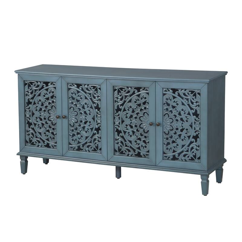 Buffet Cabinet with Floral Carvings with Solid Wood Legs&Antique Brass Handles&Adjustable Shelves,
