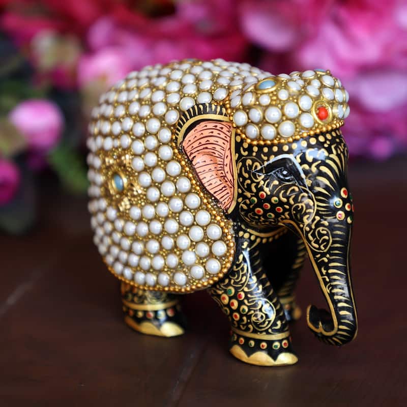 Cottage Handicraft Handcrafted Pearl Embellished Elephant | Vintage Elephant Wooden Sculpture for Living room Home Decor Gift