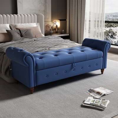Contemporary Button-Tufted Storage Ottoman Bench with Rolled Arms