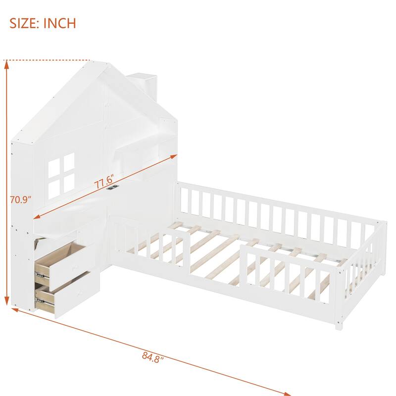 Twin Size House Platform Bed with Shelves, USB Port, and Drawers, White