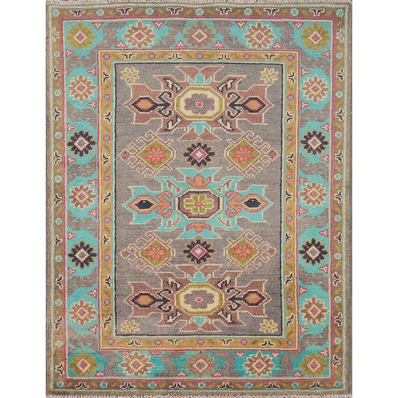 Gray Kazak Foyer Rug Hand-Knotted Geometric Wool Carpet - 2'8"x 3'9"