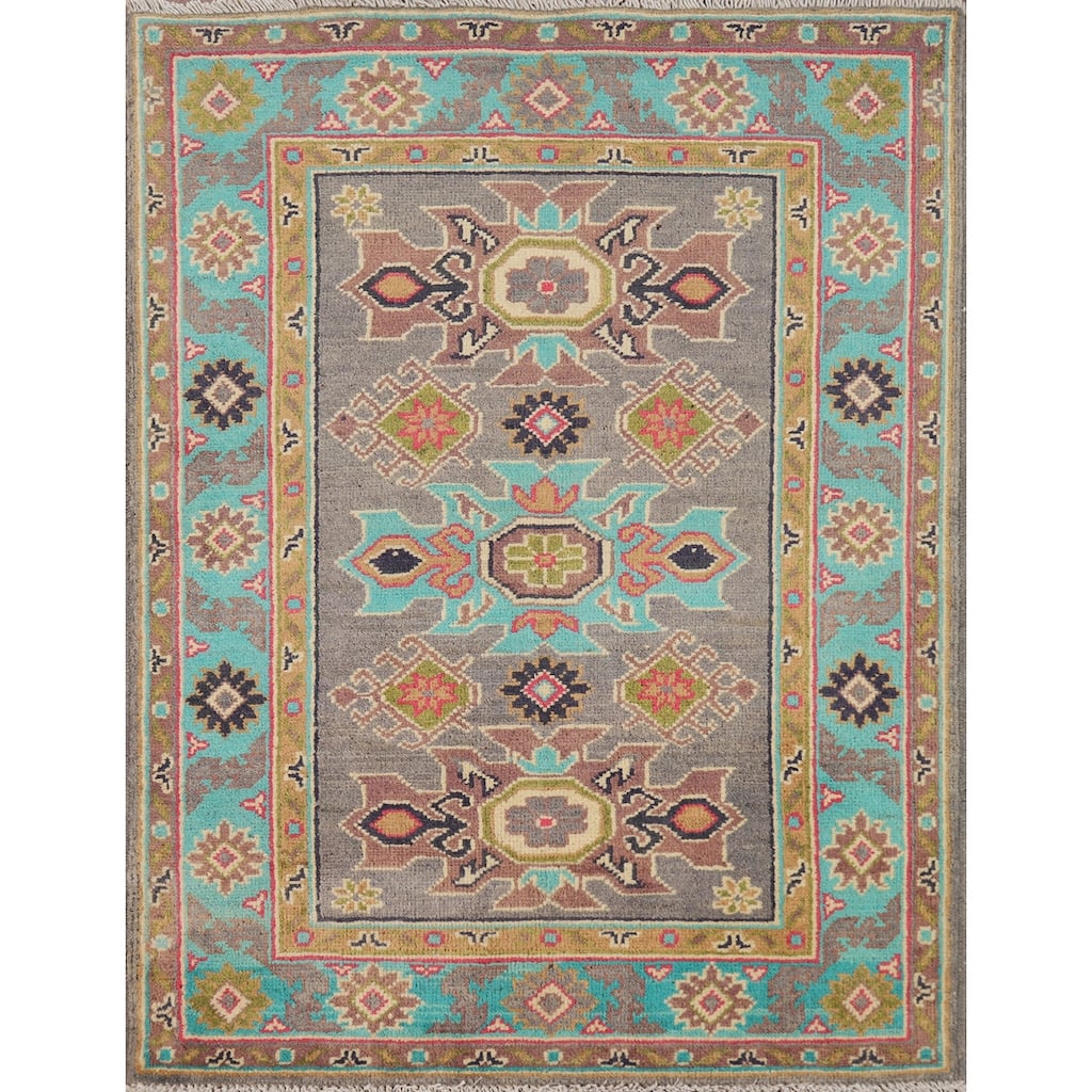 Gray Kazak Foyer Rug Hand-Knotted Geometric Wool Carpet - 2'8"x 3'9"
