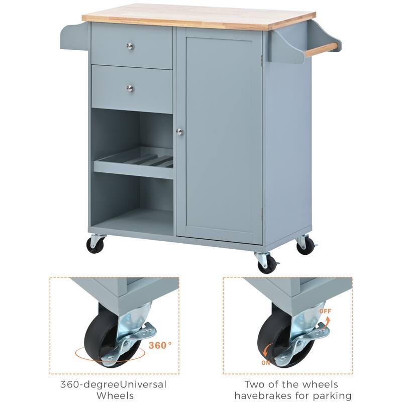 41.3 in. W Kitchen Island Rubberwood Top on 4 Wheels with 2 Drawers and Large Storage Cabinet